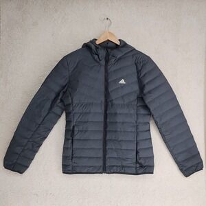 Adidas Jacket Mens M Hooded Down Puffer Lightweight Black Insulated Zip Front